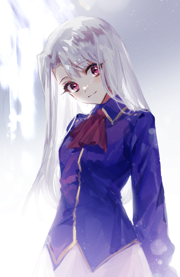 1girl, bad_id, bad_pixiv_id, burned_koge, closed_mouth, collared_shirt, dress_shirt, eyelashes, fate/stay_night, fate_(series), grey_background, hair_intakes, head_tilt, illyasviel_von_einzbern, long_hair, long_sleeves, looking_at_viewer, purple_shirt, red_eyes, red_scarf, scarf, shirt, skirt, smile, solo, standing, straight_hair, white_hair, white_skirt, wing_collar