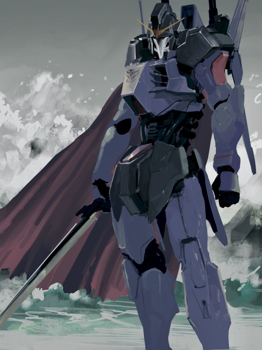 assault_visor, cape, clenched_hand, gundam, gundam_mk_iii, gundam_msv, highres, holding
