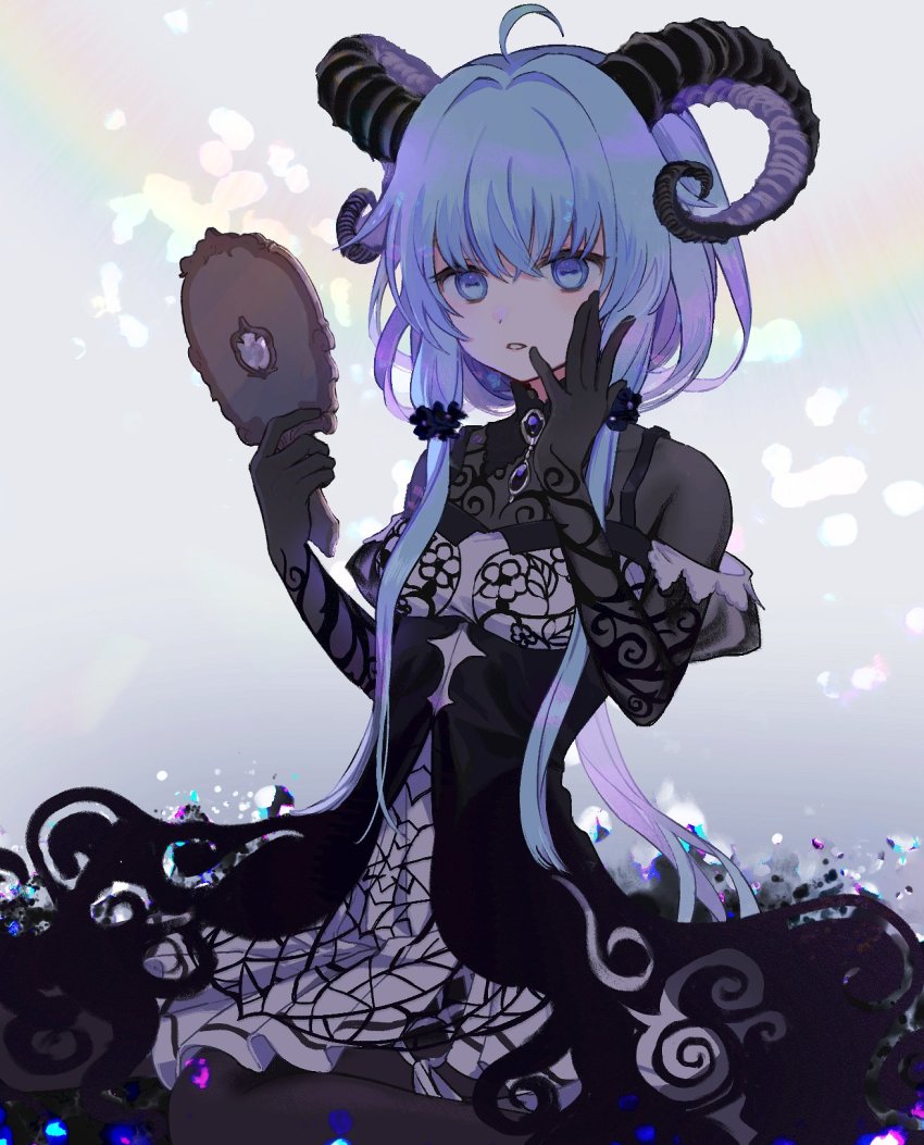 1girl, ahoge, black_collar, black_dress, black_flower, black_gem, black_horns, blue_eyes, blue_hair, bodystocking, boyano, collar, detached_collar, dot_nose, dress, floral_print, flower, gem, hair_intakes, hand_on_own_face, highres, holding, holding_mirror, horizontal_pupils, horns, layered_dress, leaf_print, leg_up, light_blue_hair, long_hair, magia_record:_mahou_shoujo_madoka_magica_gaiden, mahou_shoujo_madoka_magica, mirror, off-shoulder_dress, off_shoulder, parted_lips, pleated_dress, print_dress, puffy_short_sleeves, puffy_sleeves, rainbow, sarah_mirabilis_w, sena_mikoto, sheep_horns, short_sleeves, sidelocks, solo, spaghetti_strap, tri_tails, very_long_hair, white_dress, witch