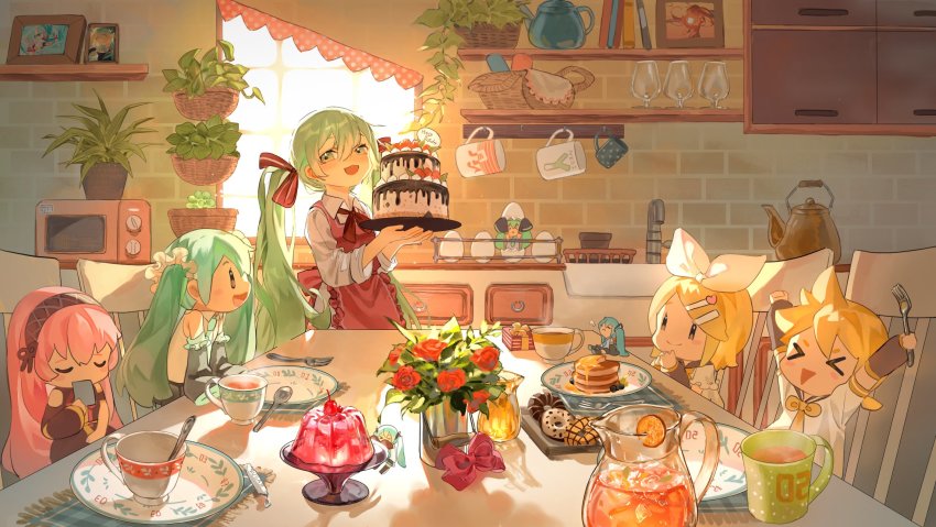 >_<, 1boy, 6+girls, apron, aqua_hair, birthday, black_sleeves, blonde_hair