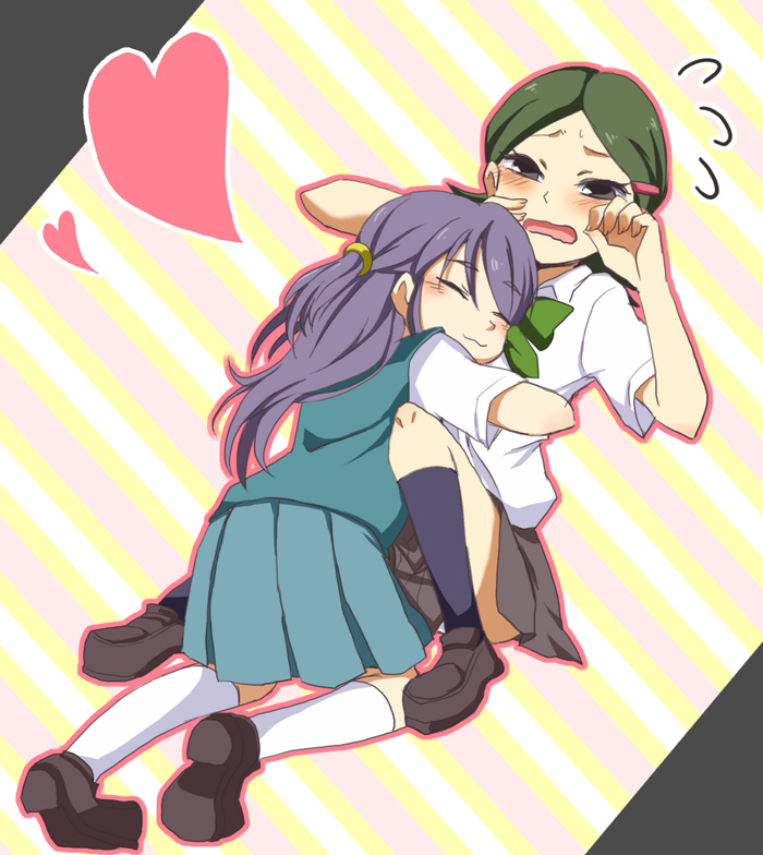 blue_eyes, blush, daizu_(npl), green_hair, hug, inazuma_eleven, inazuma_eleven_(series), kino_aki