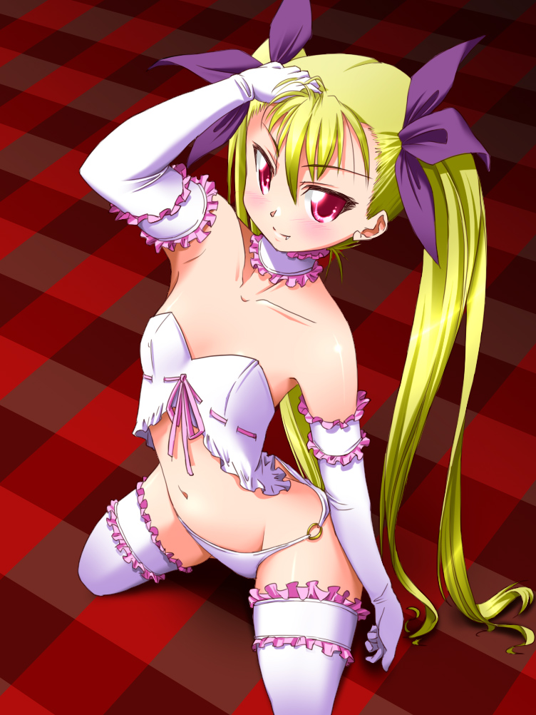 1girl, blonde_hair, dance_in_the_vampire_bund, elbow_gloves, female_focus, flat_chest, gloves, hirorin, long_hair, mina_tepes, nekono_matatabi, red_eyes, solo, thighhighs, twintails, vampire