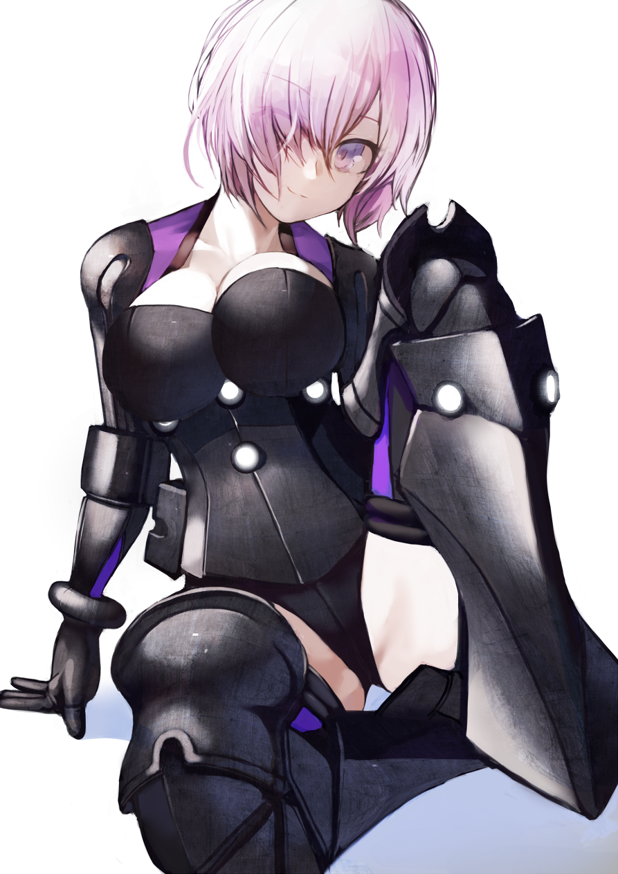 1girl, armor, breasts, crotch, fate/grand_order, fate_(series), glasses, hatahata_p_(taritari1648), highres, looking_at_viewer, mash_kyrielight, mash_kyrielight_(ortenaus), pink_hair, purple_eyes, short_hair, simple_background, solo, white_background