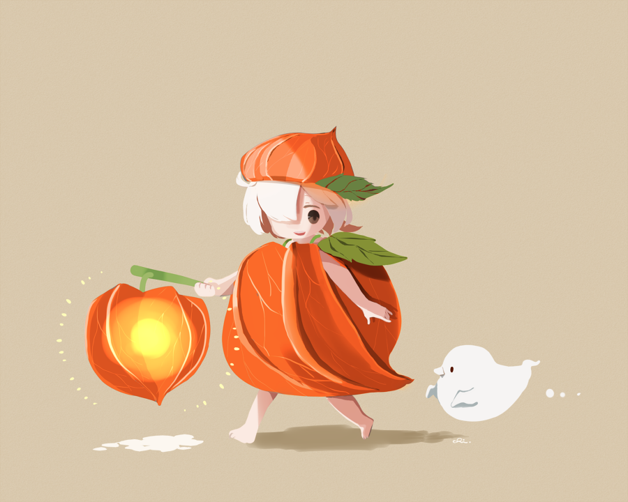 ambiguous_gender, barefoot, bird, chai_(drawingchisanne), chinese_lantern_(plant), commentary_request, ghost, ghost_tail, hair_over_one_eye, halloween, hat, lantern, medium_hair, miniature, original, signature, simple_background, smile, sweets_bird, white_hair