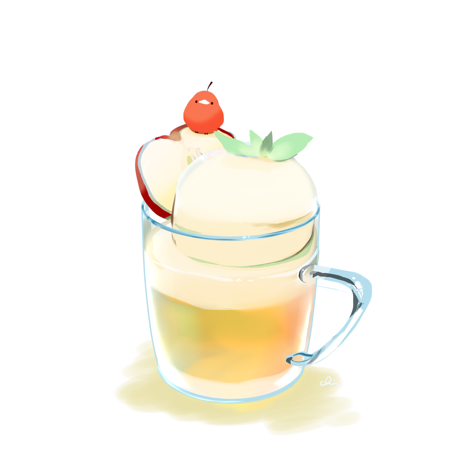 apple, bird, chai_(drawingchisanne), commentary_request, cup, drink, drinking_glass, food