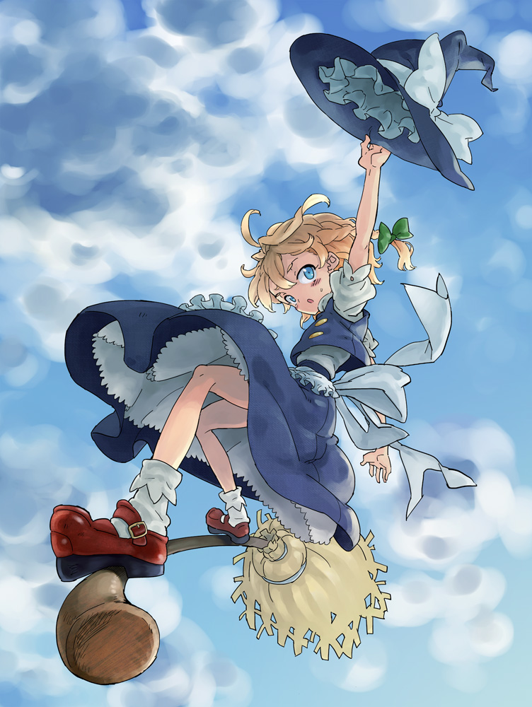 1girl, blonde_hair, blue_eyes, braid, broom, female_focus, full_body, gradient_background