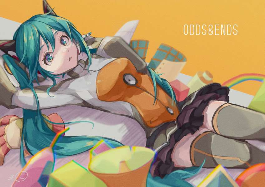 1girl, absurdres, aqua_eyes, aqua_hair, arms_up, artist_logo, black_skirt, bodysuit