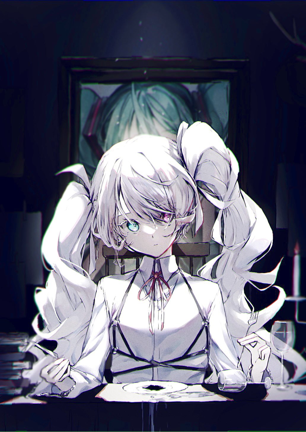 1girl, 25-ji_miku, 25-ji_nightcord_de._(project_sekai), aqua_eyes, aqua_hair, blurry, blurry_background, candle