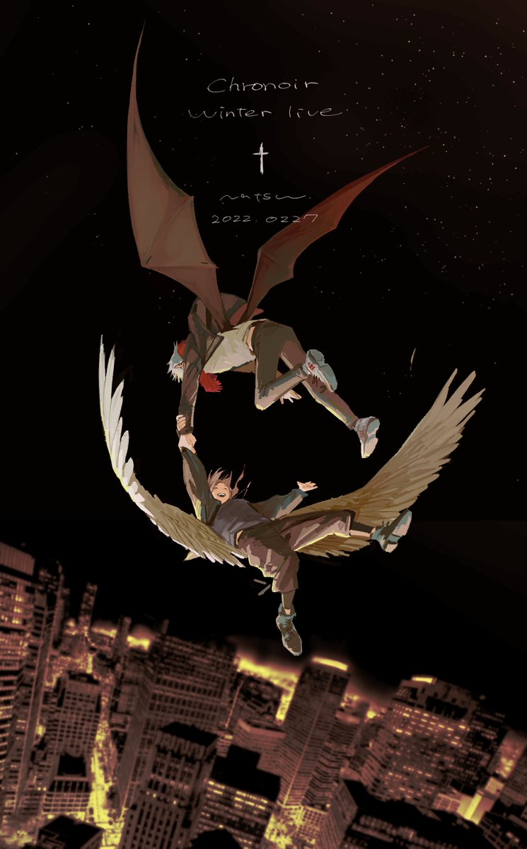 2boys, angel, angel_wings, artist_name, baggy_pants, bat_wings, black_background, black_footwear