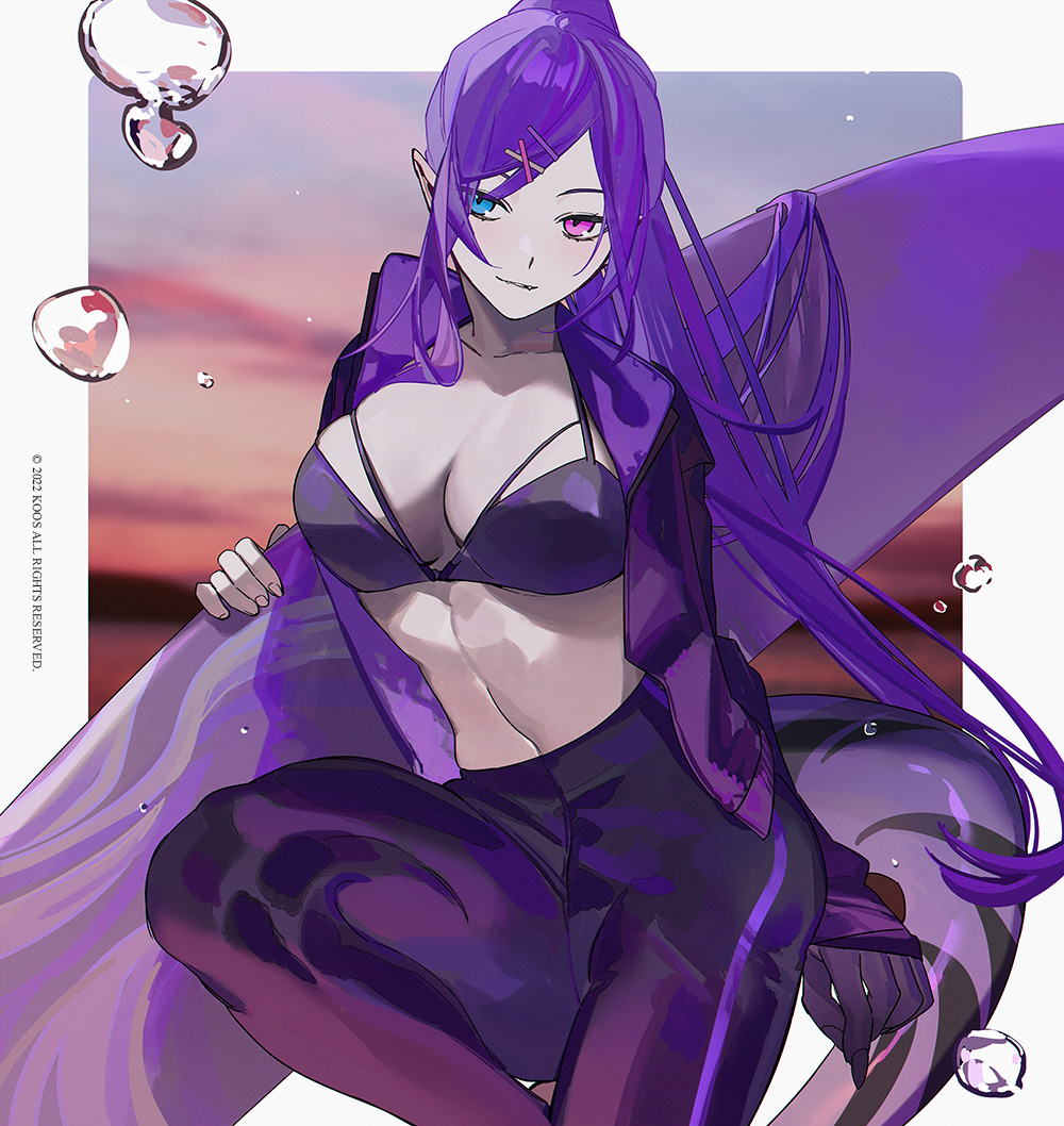 1girl, bikini, bikini_top_only, blue_eyes, breasts, dragon_girl, dragon_tail, evening