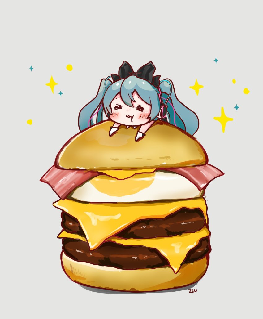 1girl, :3, =_=, aqua_hair, bacon, black_bow, bow, burger, cable, cheese, chibi, closed_eyes, commentary, egg, food, gloves, grey_background, hair_bow, hatsune_miku, headphones, highres, long_hair, lying_on_food, magical_mirai_miku, magical_mirai_miku_(2016), mcdonald's, mini_person, minigirl, saliva, smile, solo, sparkle, twintails, vocaloid, white_gloves, zuu100lev
