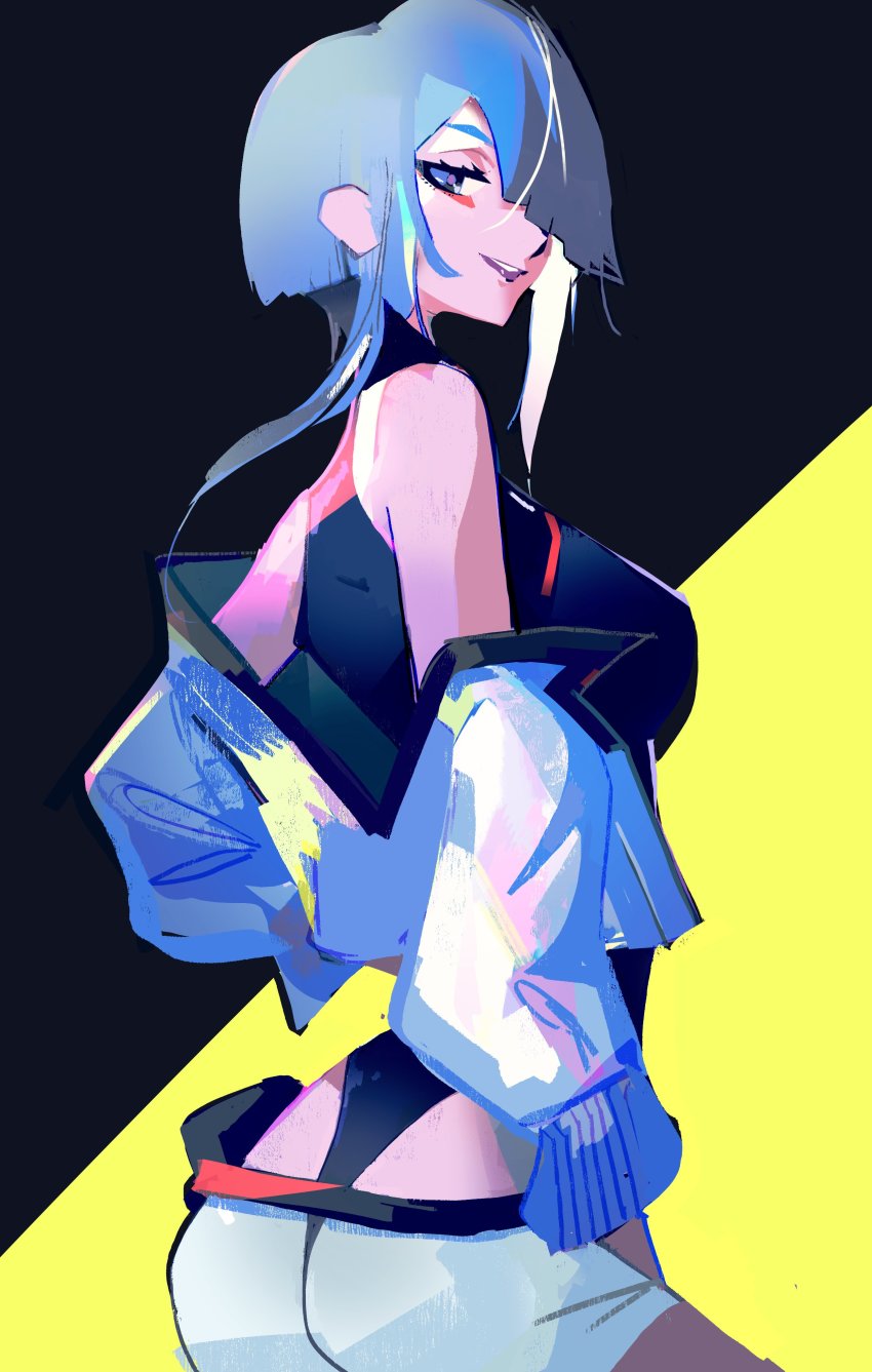 1girl, absurdres, bare_shoulders, black_background, cropped_jacket, cyberpunk_(series), cyberpunk:_edgerunners, eyeliner