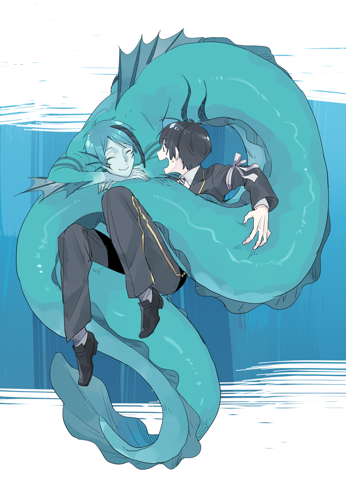 2boys, arm_ribbon, black_eyes, black_footwear, black_hair, black_jacket, black_necktie, black_pants, black_suit, blue_background, blue_hair, blue_skin, closed_eyes, closed_mouth, collared_jacket, collared_shirt, colored_skin, eel_boy, facing_another, fins, formal_clothes, full_body, head_fins, jacket, jade_leech, jade_leech_(eel), knees_up, long_sleeves, looking_at_another, male_focus, monster_boy, multicolored_hair, multiple_boys, necktie, open_mouth, pants, ribbon, shirt, short_hair, simple_background, siro46, smile, spines, streaked_hair, striped_clothes, striped_necktie, suit, suit_jacket, tail, tail_wrap, twisted_wonderland, underwater, white_background, white_necktie, white_shirt, yuu_(twisted_wonderland)