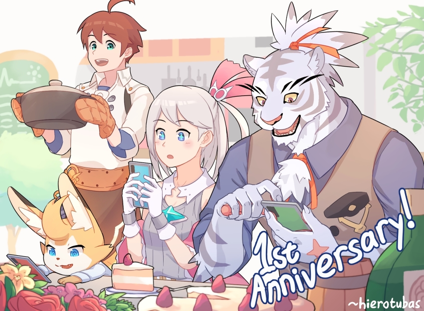 +_+, 1girl, 3boys, :3, ahoge, alk_(world_flipper), animal_ear_fluff, animal_hands, animal_nose, anniversary, apron, artist_name, bare_shoulders, blue_eyes, blue_shirt, blush, body_fur, bottle, breast_pocket, breasts, brooch, brown_apron, brown_hair, brown_vest, buttons, cake, cake_slice, cellphone, colored_sclera, colored_tips, cooking, cooking_pot, cup, english_text, facial_mark, flower, food, fruit, furry, furry_male, gloves, green_eyes, grey_fur, grey_hair, grey_shirt, hair_ribbon, hands_up, happy, hierotubas, highres, holding, holding_cooking_pot, holding_phone, indoors, jewelry, kitchen, light_(world_flipper), long_sleeves, looking_at_phone, looking_down, mug, multicolored_eyes, multicolored_fur, multicolored_hair, multiple_boys, nimbus_(world_flipper), official_alternate_costume, one_side_up, open_mouth, orange_eyes, orange_flower, orange_gloves, oven_mitts, pawpads, phone, pink_flower, pocket, purple_eyes, red_flower, red_ribbon, red_rose, ribbon, rose, scar, scar_on_hand, sharp_teeth, shirt, short_hair, short_sleeves, sidelocks, signature, sleeveless, sleeveless_shirt, sleeves_rolled_up, small_breasts, smartphone, smile, standing, stella_(world_flipper), strawberry, striped_fur, swept_bangs, tankard, teeth, topknot, tree, two-tone_hair, upper_body, vest, waist_apron, whisker_markings, white_fur, white_gloves, white_shirt, world_flipper, yellow_sclera
