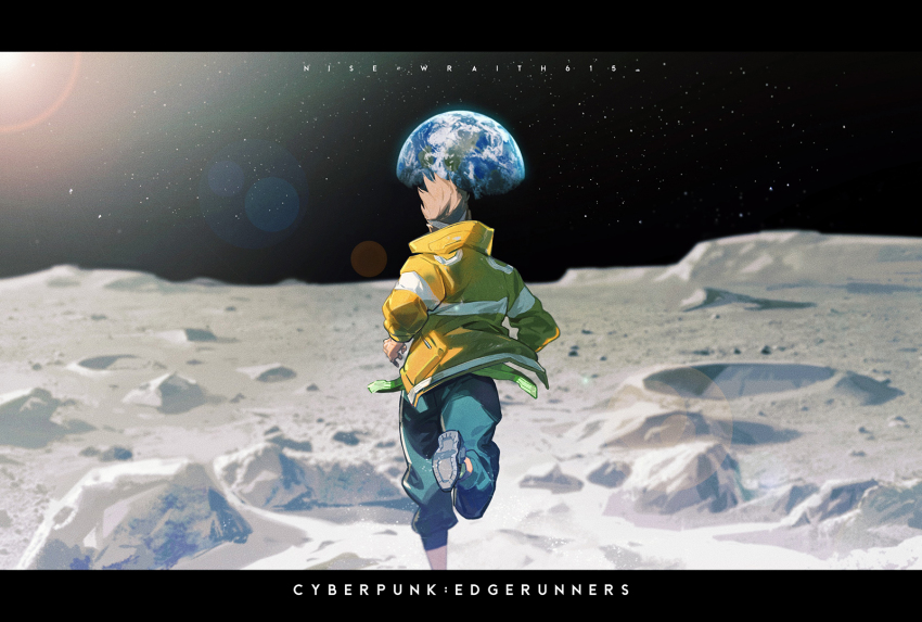1boy, artist_name, brown_hair, copyright_name, crater, cyberpunk_(series), cyberpunk:_edgerunners, david_martinez, earth_(planet), from_behind, highres, jacket, leg_up, letterboxed, long_sleeves, male_focus, mohawk, moon, on_moon, pants, planet, solo, space, star_(sky), sunlight, wraith615, yellow_jacket