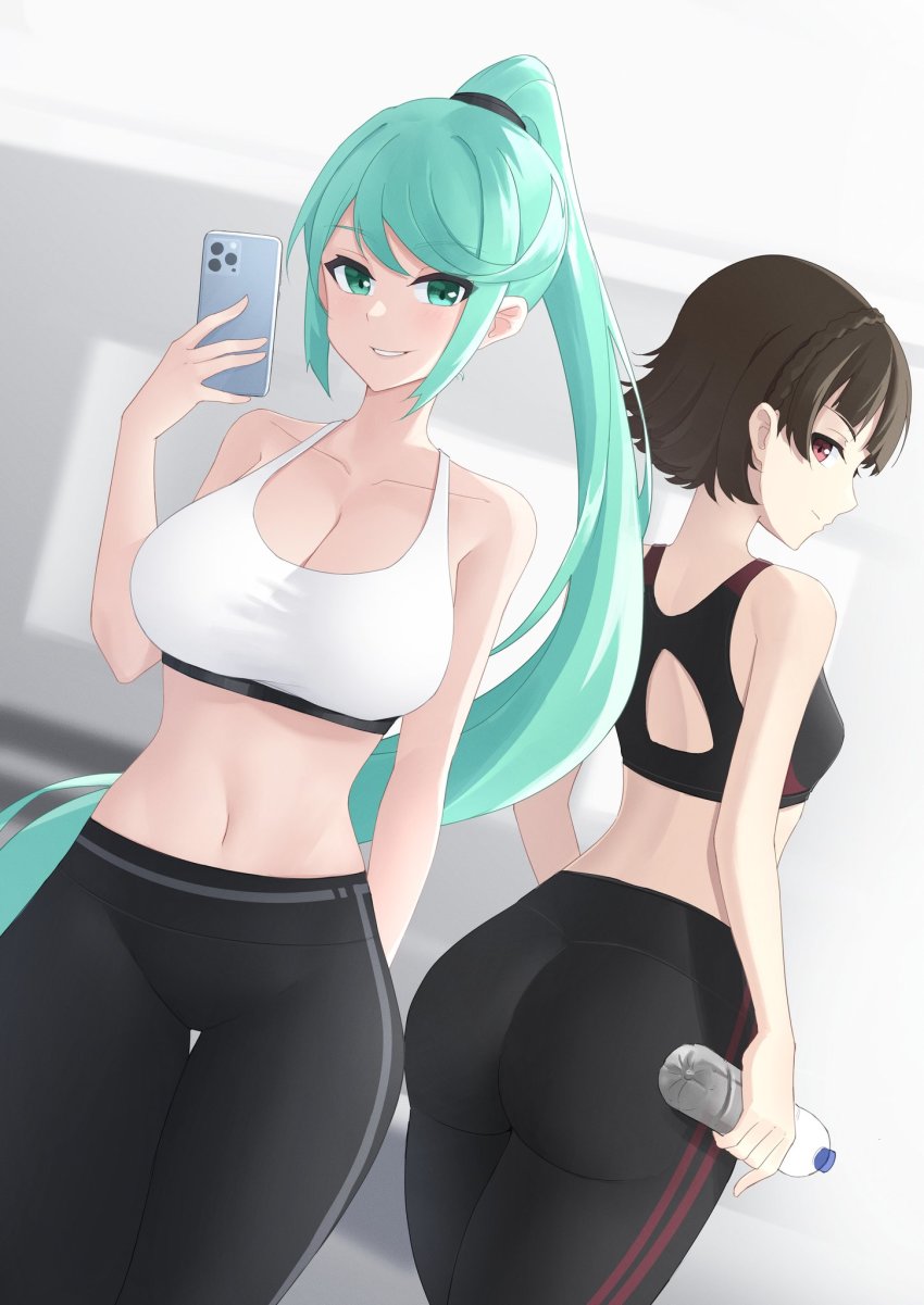 2girls, alternate_costume, arm_behind_back, ass, back, black_pants, black_sports_bra, bottle, braid, breasts, brown_hair, cellphone, closed_mouth, crown_braid, from_behind, green_eyes, green_hair, grin, hand_up, high_ponytail, highres, holding, holding_bottle, holding_phone, large_breasts, long_hair, looking_at_viewer, looking_back, midriff, multiple_girls, navel, niijima_makoto, nottme, pants, persona, persona_5, phone, pneuma_(xenoblade), ponytail, red_eyes, selfie, short_hair, small_breasts, smartphone, smile, sports_bra, sportswear, stomach, thigh_gap, tight_clothes, tight_pants, very_long_hair, water_bottle, white_sports_bra, xenoblade_chronicles_(series), xenoblade_chronicles_2, yoga_pants