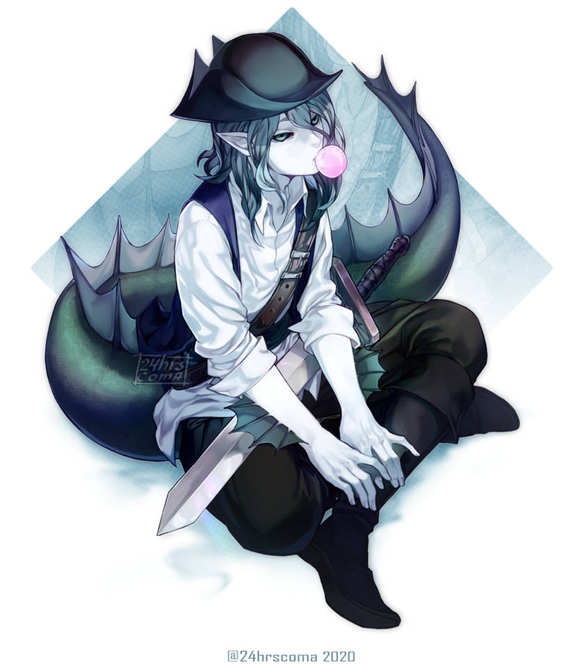 1boy, 24hrscoma, artist_name, baggy_pants, bicorne, black_boots, black_sclera, blowing_bubbles, blue_background, blue_hair, blue_vest, boots, borrowed_character, chewing_gum, collared_shirt, colored_sclera, colored_skin, dated, fins, fish_boy, full_body, green_eyes, green_pants, hat, indian_style, long_sleeves, looking_at_viewer, male_focus, medium_hair, monster_boy, original, pants, pointy_ears, shirt, simple_background, sitting, sleeves_rolled_up, solo, spines, sword, tail, twitter_username, two-tone_background, vest, watermark, weapon, webbed_hands, white_background, white_shirt, white_skin