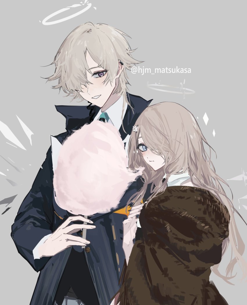 1boy, 1girl, arknights, black_jacket, brown_hair, brown_jacket, cecelia_(arknights), collared_shirt