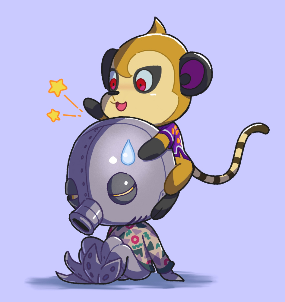 1boy, 1girl, animal_crossing, cephalobot_(animal_crossing), kopa_nishikida, monkey, nintendo, non-humanoid_robot