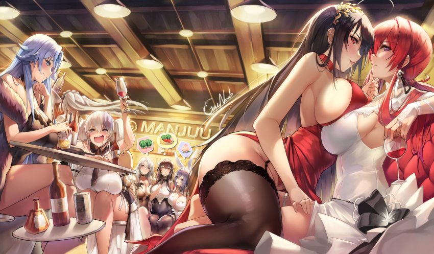 6+girls, azuma_(azur_lane), azuma_(soft_voice_of_spring)_(azur_lane), azur_lane, babydoll, beer_can, black_babydoll, blush