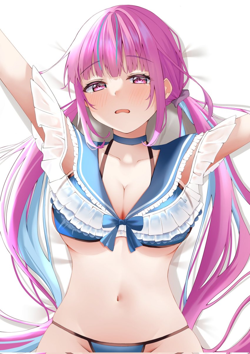 1girl, arms_up, bikini, blue_choker, blue_hair, blue_sailor_collar, breasts, choker, cleavage, frilled_bikini, frills, halterneck, highres, hololive, large_breasts, long_hair, looking_at_viewer, lying, minato_aqua, multicolored_hair, navel, on_back, open_mouth, pink_hair, raised_eyebrows, sailor_collar, sidelocks, skindentation, solo, stomach, streaked_hair, string_bikini, swimsuit, syunnkishi8687, tearing_up, twintails, two-tone_hair, underboob, virtual_youtuber, wavy_mouth
