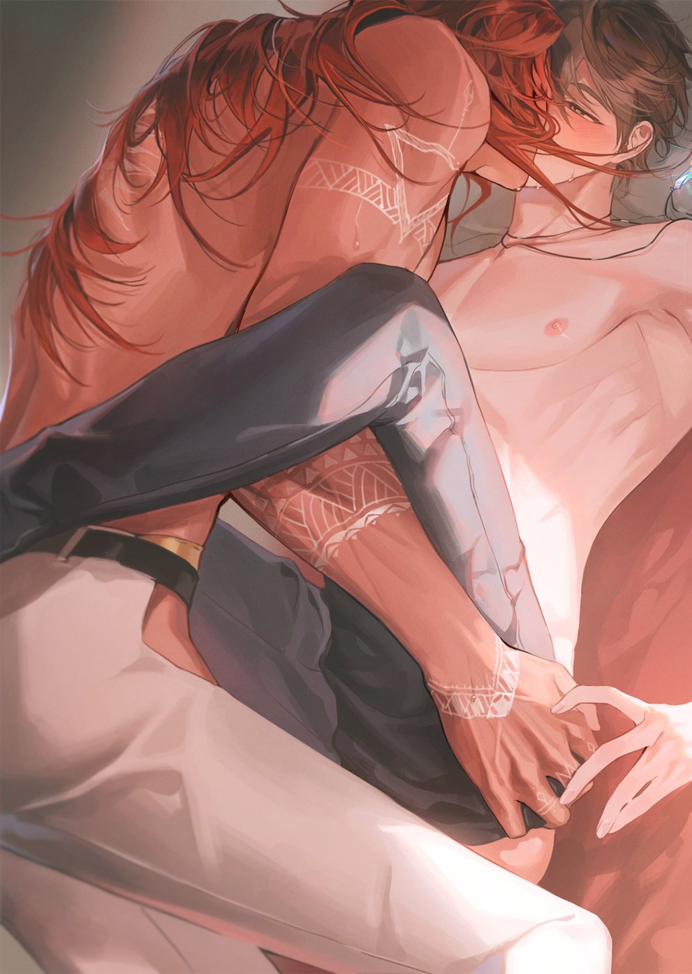 2boys, armpits, bed, bodypaint, brown_eyes, brown_hair, crying, crying_with_eyes_open