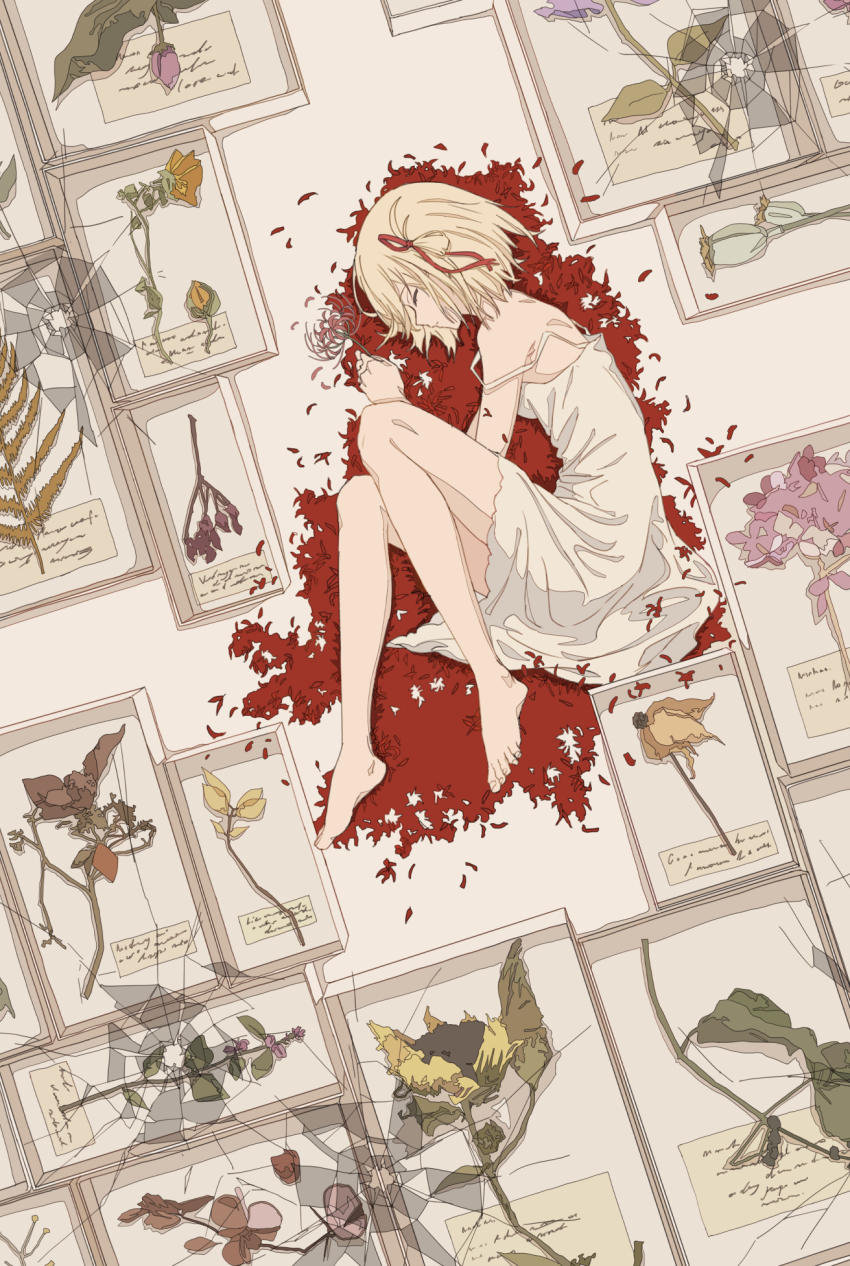 1girl, bare_legs, barefoot, blonde_hair, closed_eyes, closed_mouth, commentary_request, dress, dried_flower, full_body, highres, knees_up, lycoris_recoil, lying, nishikigi_chisato, on_side, petals, profile, scenery, short_hair, sleeveless, sleeveless_dress, solo, spaghetti_strap, strap_slip, sundress, toes, white_dress, yu_yin