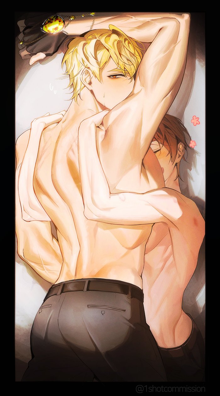 2boys, armpits, back, black_gloves, blonde_hair, brown_hair, eiden_(nu_carnival), everydaysleep