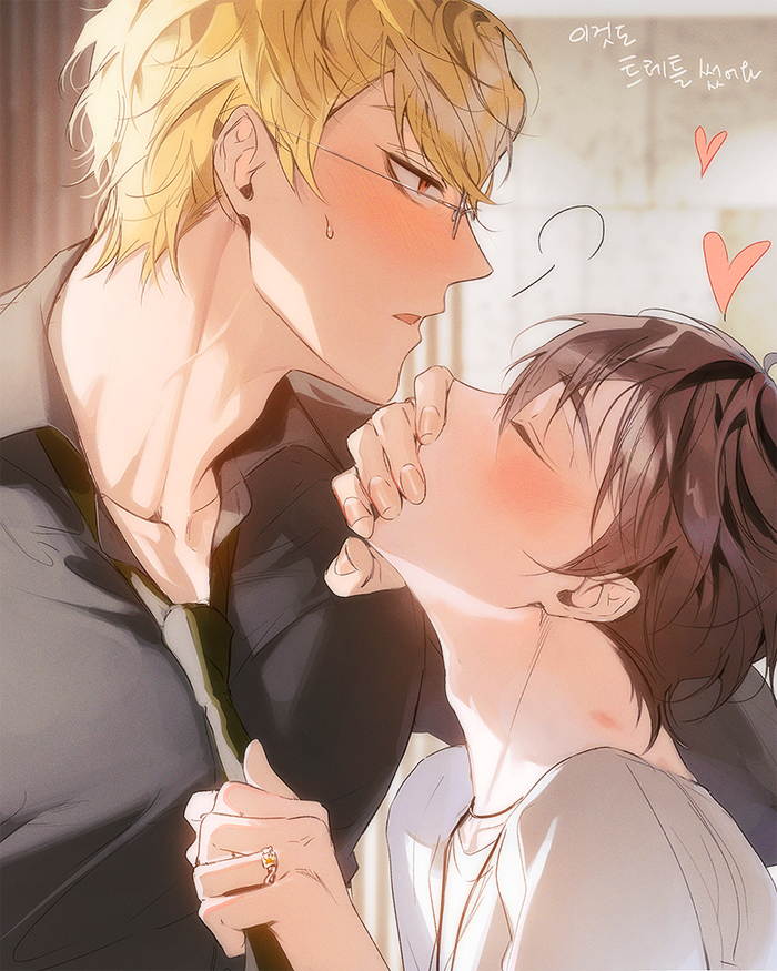 2boys, bags_under_eyes, black_shirt, blonde_hair, blush, closed_eyes, covered_mouth, eiden_(nu_carnival)