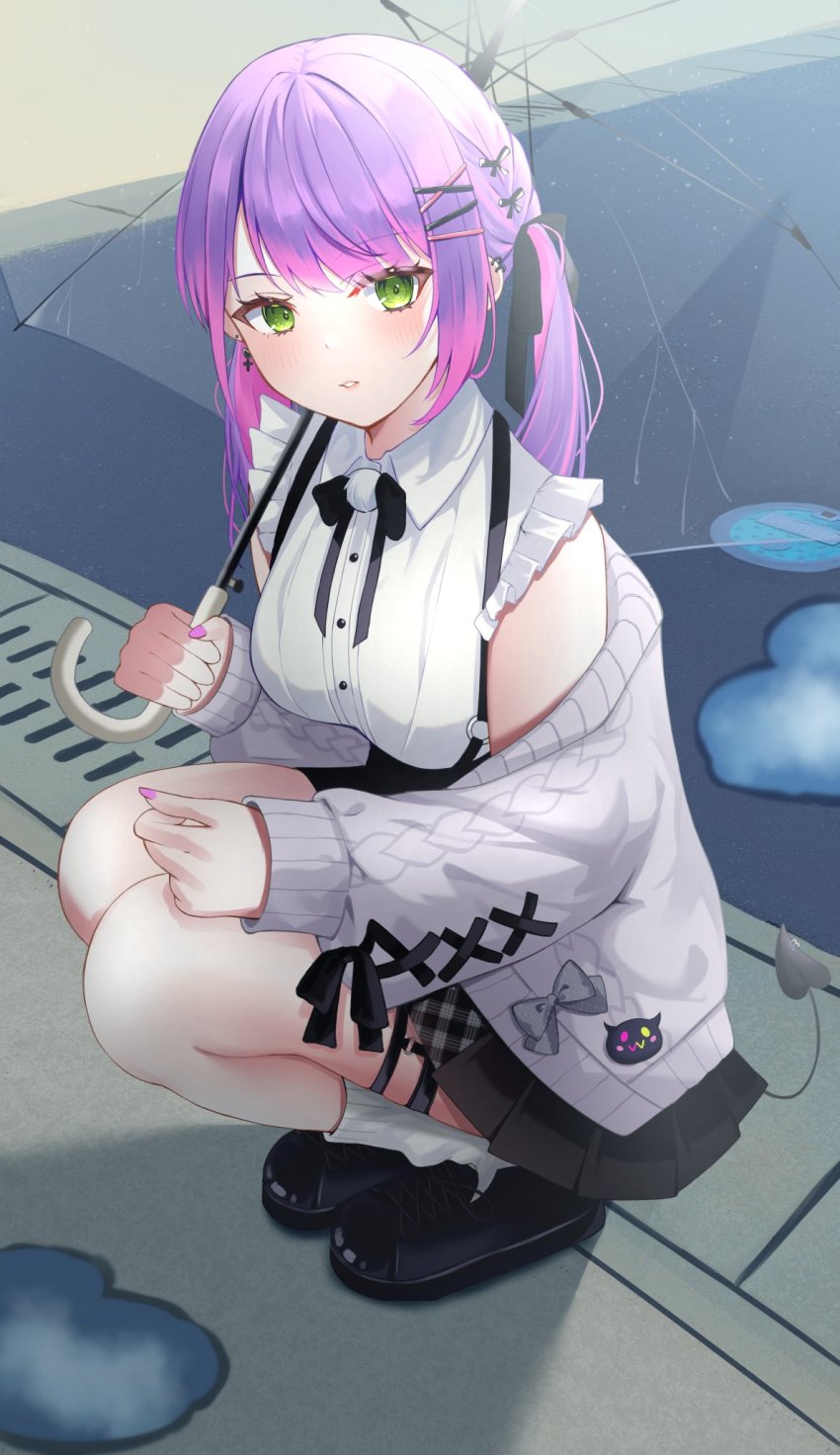 1girl, bibi_(tokoyami_towa), black_bow, black_bowtie, black_shoes, black_skirt, blush, bow