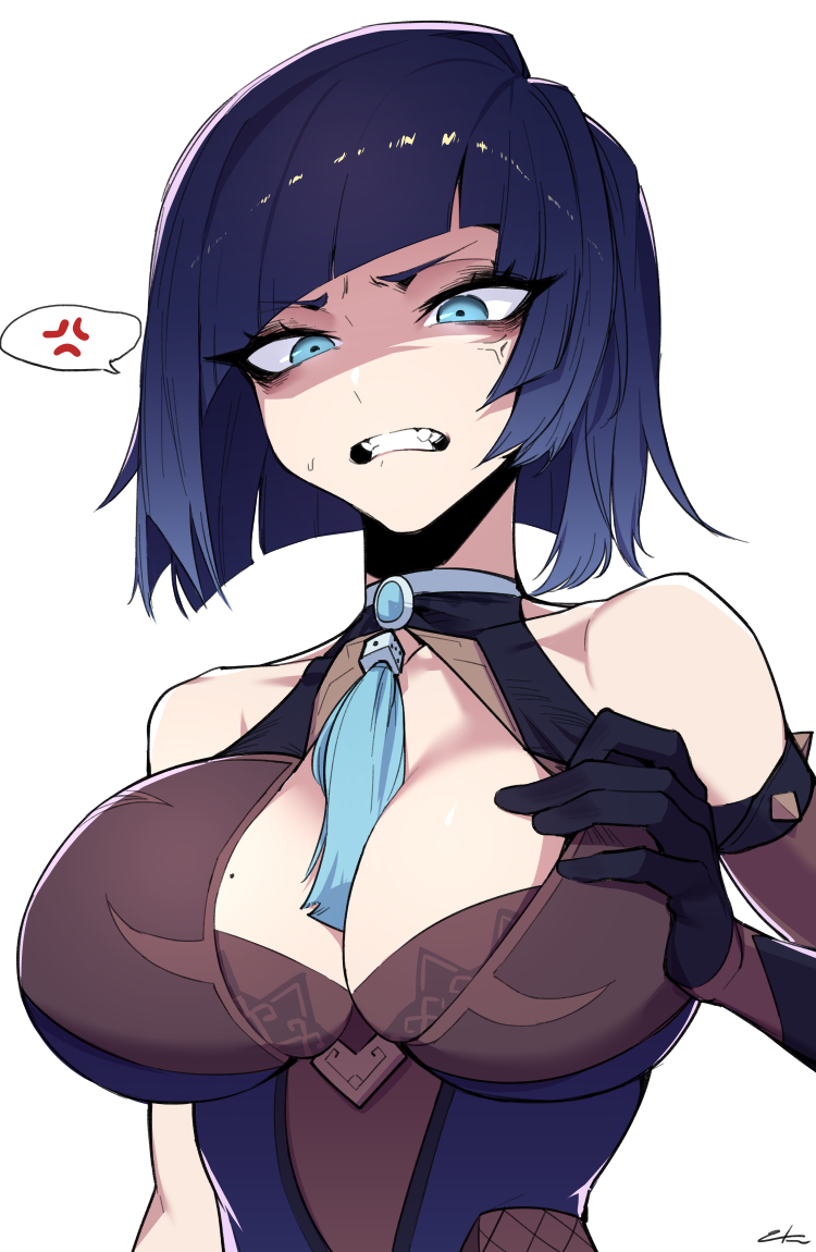 1girl, anger_vein, blue_eyes, blue_hair, breasts, cleavage, dice, disgust