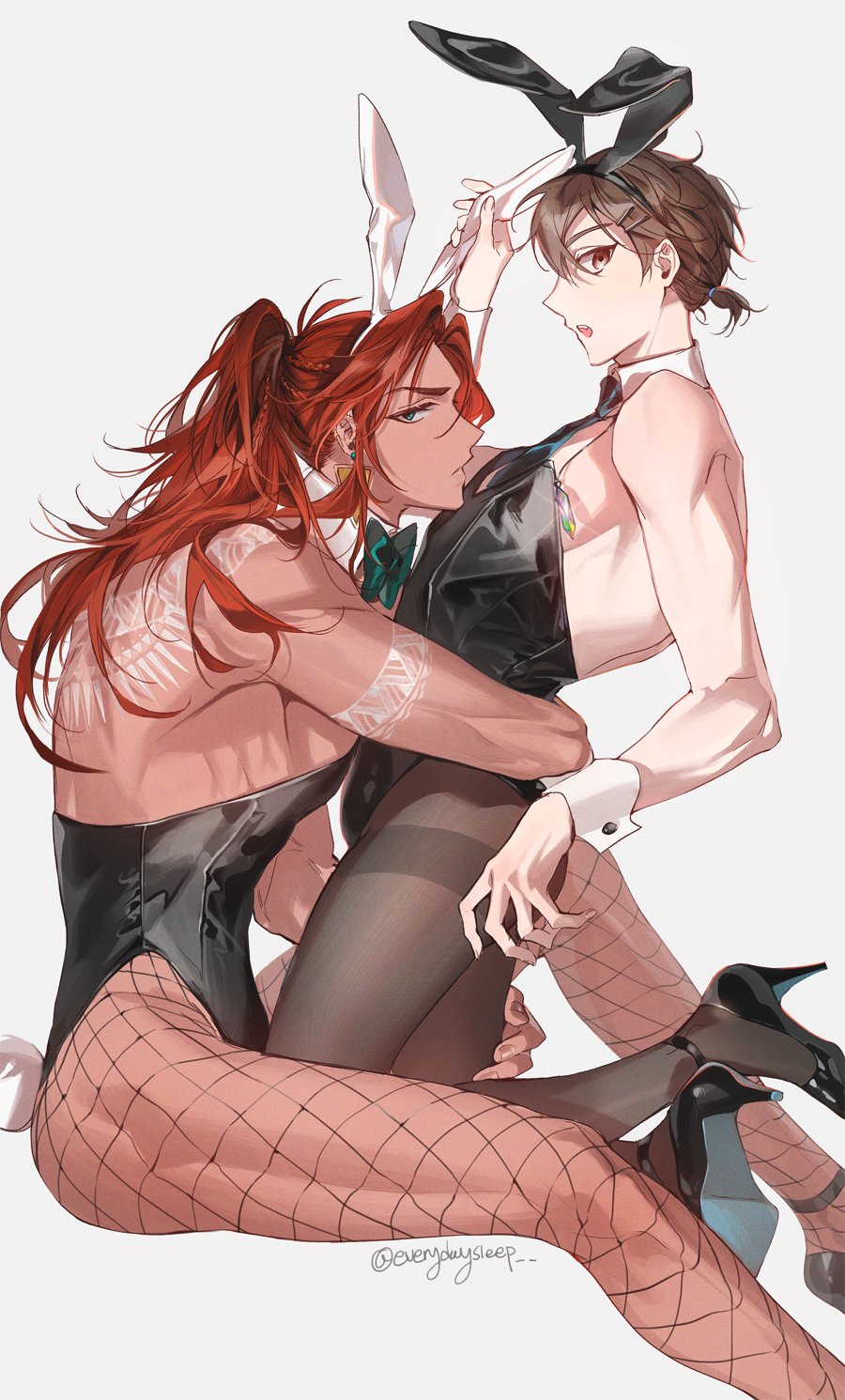 2boys, animal_ears, aqua_eyes, bodypaint, brown_eyes, brown_hair, covered_abs, crossdressing