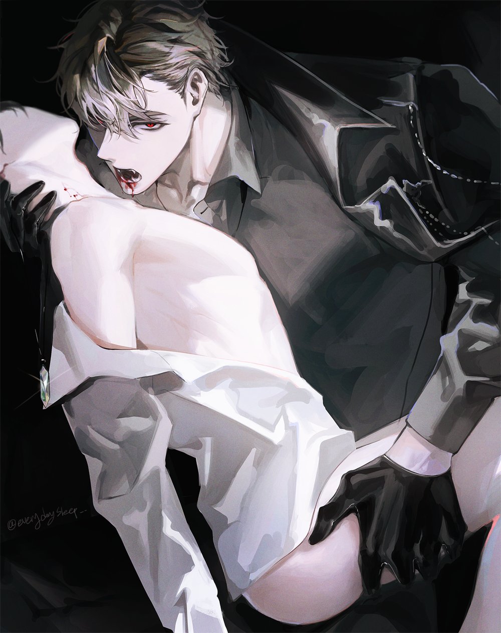 2boys, biting, blonde_hair, blood, brown_hair, eiden_(nu_carnival), everydaysleep, fangs