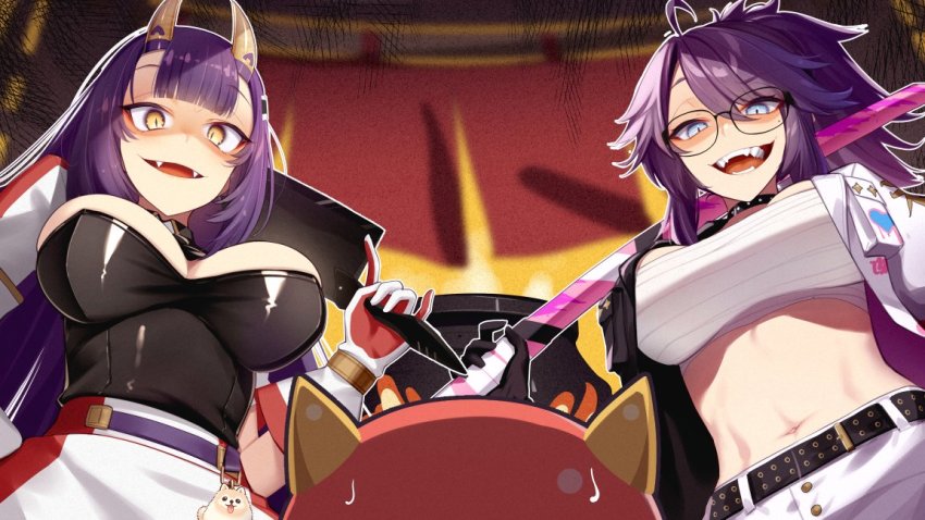 2girls, ahoge, belt, blue_eyes, blunt_bangs, breast_pocket, chest_sarashi, choker, cluseller, commentary_request, eyes_visible_through_hair, fangs, gloves, hair_between_eyes, holding, horns, indie_virtual_youtuber, jacket, kson, midriff, mole, mole_under_eye, multiple_girls, navel, oni, oni_horns, onigiri_(vtuber), onigiri_(1st_costume)_(vtuber), open_clothes, open_jacket, open_mouth, pocket, ponytail, purple_hair, sarashi, slit_pupils, souchou, teeth, tongue, virtual_youtuber, vshojo, yellow_eyes