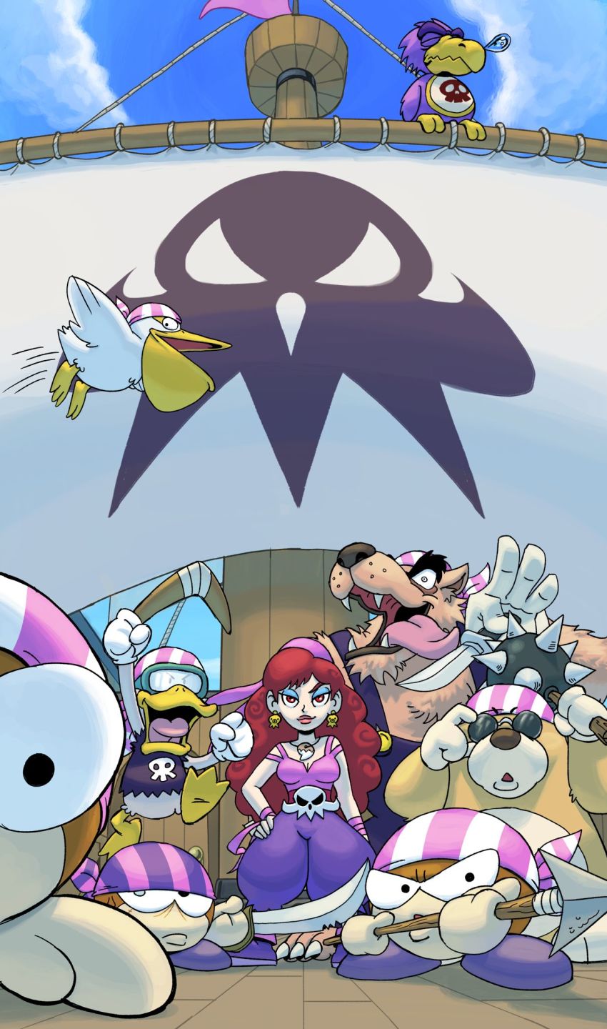 1girl, adjusting_eyewear, arm_up, bandana, belt, bird, black_eyes, blind, blue_eyeshadow, blue_overalls, bobo_(wario_land), boomerang, boots, breasts, brown_fur, buttons, capri_pants, captain_syrup, cleavage, clenched_hands, closed_eyes, closed_mouth, cutlass, d.d._(wario_land), door, duck, earrings, eyeshadow, fangs, feathers, flying, frown, fur, gaugau, gloves, goggles, guragura, half-closed_eyes, hand_on_own_hip, hand_up, highres, holding, holding_knife, holding_polearm, holding_sword, holding_weapon, jewelry, jumping, knife, lips, long_hair, looking_at_viewer, mace, makeup, mario_(series), mast, medium_breasts, mole, nintendo, nose_bubble, nostrils, open_mouth, overalls, pants, parted_lips, pecan_(wario_land), pelican, pirate_costume, pirate_goom, polearm, print_shirt, puffy_pants, purple_bandana, purple_feathers, purple_footwear, purple_tank_top, red_belt, red_eyes, red_hair, rimless_eyewear, sail, scar, shirt, shoes, skull, skull_print, sleeping, sleeveless, sleeveless_shirt, smirk, spear, spiked_mace, spikes, standing, stixdude, sunglasses, sword, tank_top, thick_eyebrows, thick_lips, tongue, tongue_out, torn_clothes, torn_sleeves, wario_land, wario_land:_shake_it!, wario_land_ii, watercraft, weapon, white_bandana, white_feathers, white_gloves, wolf, wrist_wrap