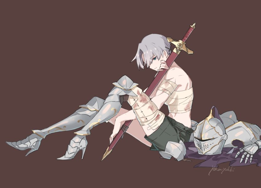 1girl, absurdres, armor, unworn_armor, armored_boots, bandages, black_shorts, blood