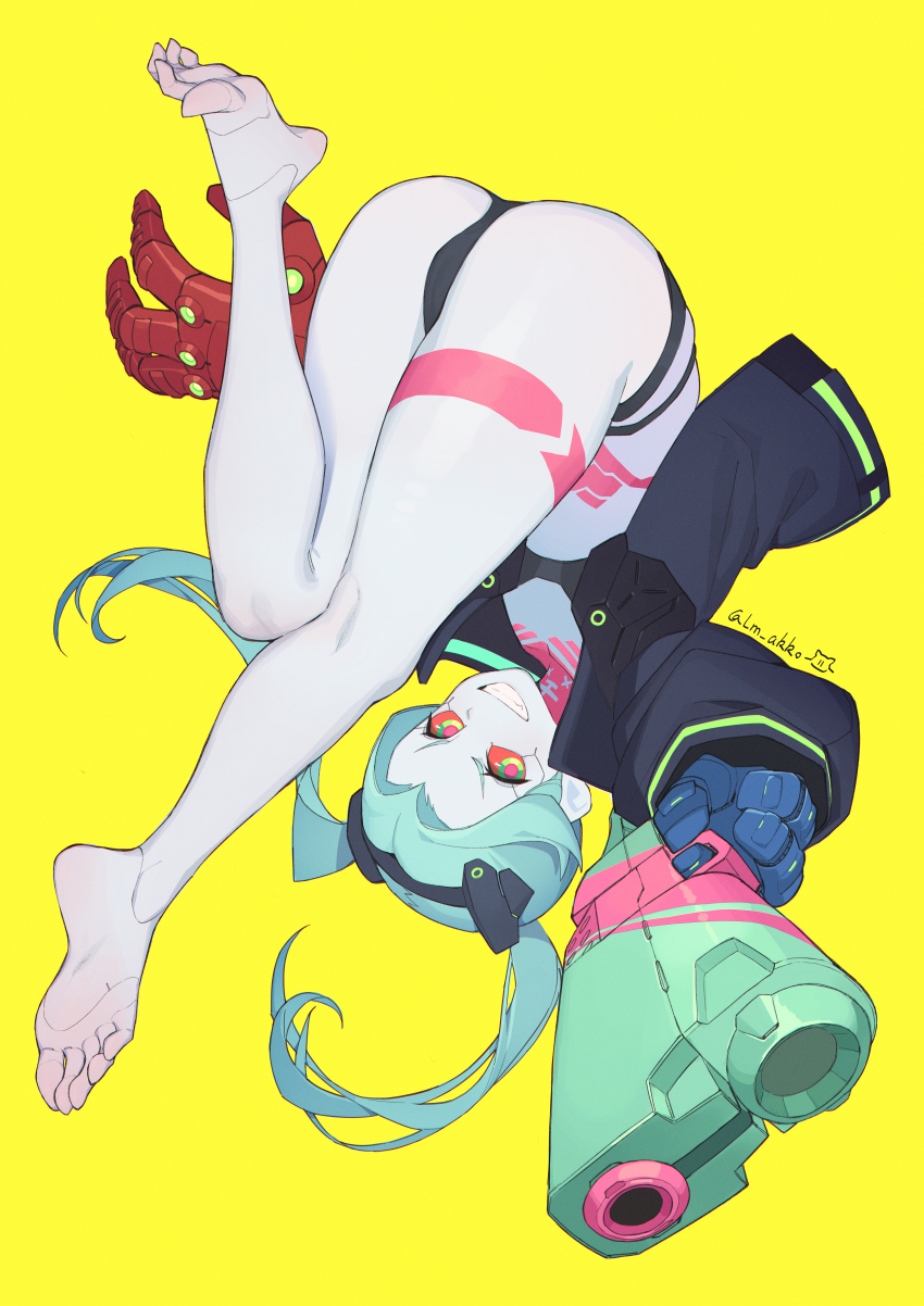 1girl, absurdres, aiming, aiming_at_viewer, ass, barefoot, black_bra, black_jacket, black_panties, bra, cameltoe, colored_sclera, colored_skin, cyberpunk_(series), cyberpunk:_edgerunners, cyborg, feet, foreshortening, full_body, green_hair, grin, gun, gun_pointing_at_viewer, handgun, highres, holding, holding_gun, holding_weapon, jacket, lan_mao_akko, leg_tattoo, long_hair, long_sleeves, mechanical_arms, open_clothes, open_jacket, panties, rebecca_(cyberpunk), red_eyes, red_sclera, simple_background, smile, soles, solo, stomach_tattoo, tattoo, thighs, toes, twintails, underwear, weapon, white_skin, yellow_background