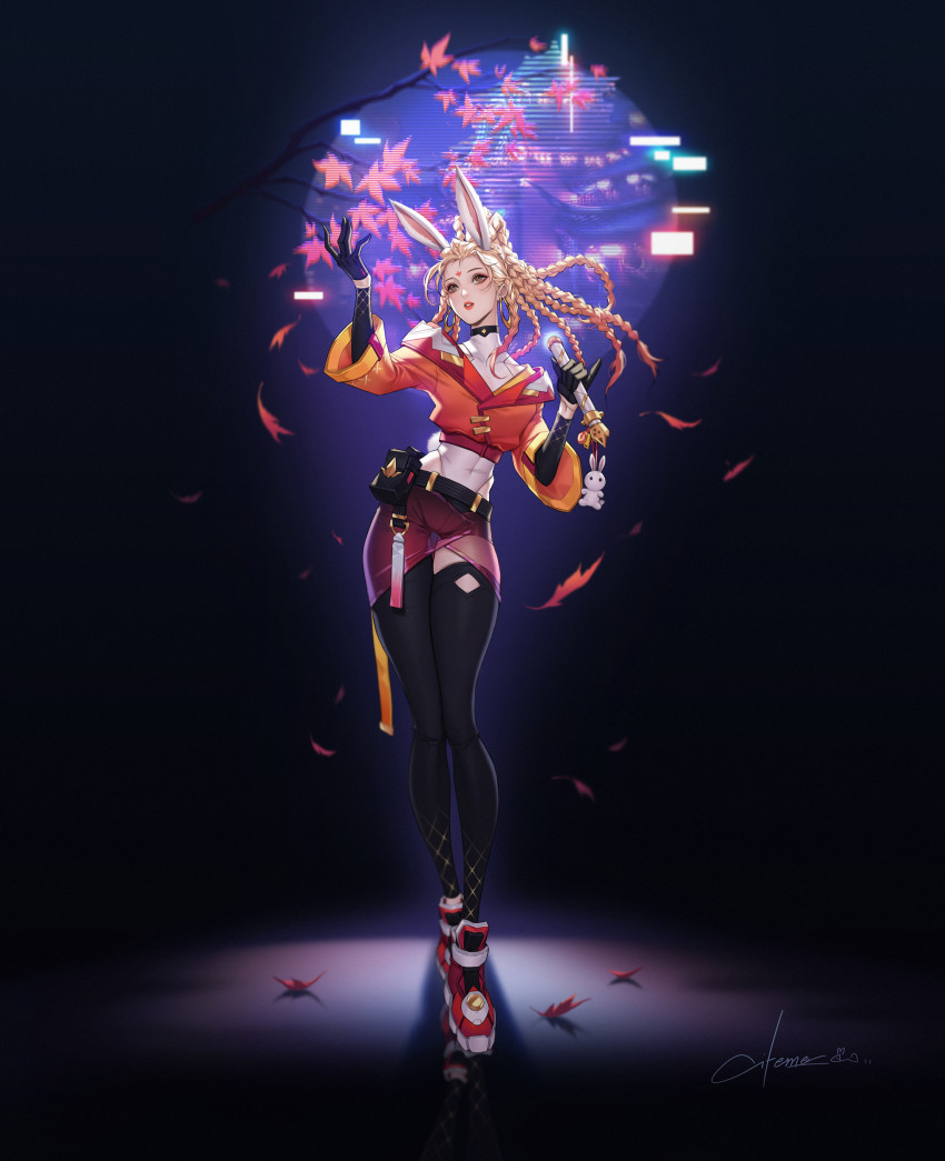 1girl, absurdres, animal_ears, artist_name, belt, black_background, black_choker, black_gloves