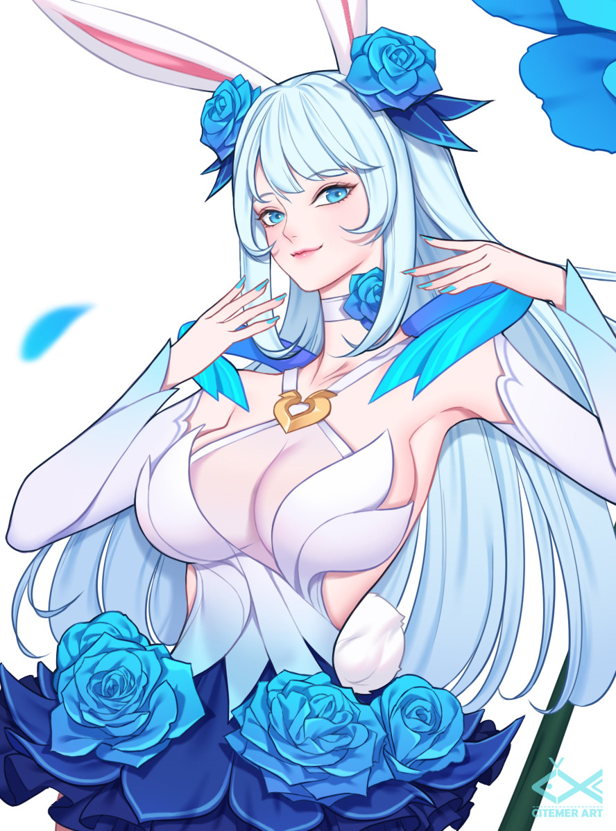 1girl, animal_ears, artist_name, bare_shoulders, blue_flower, blue_nails, blue_rose, breasts