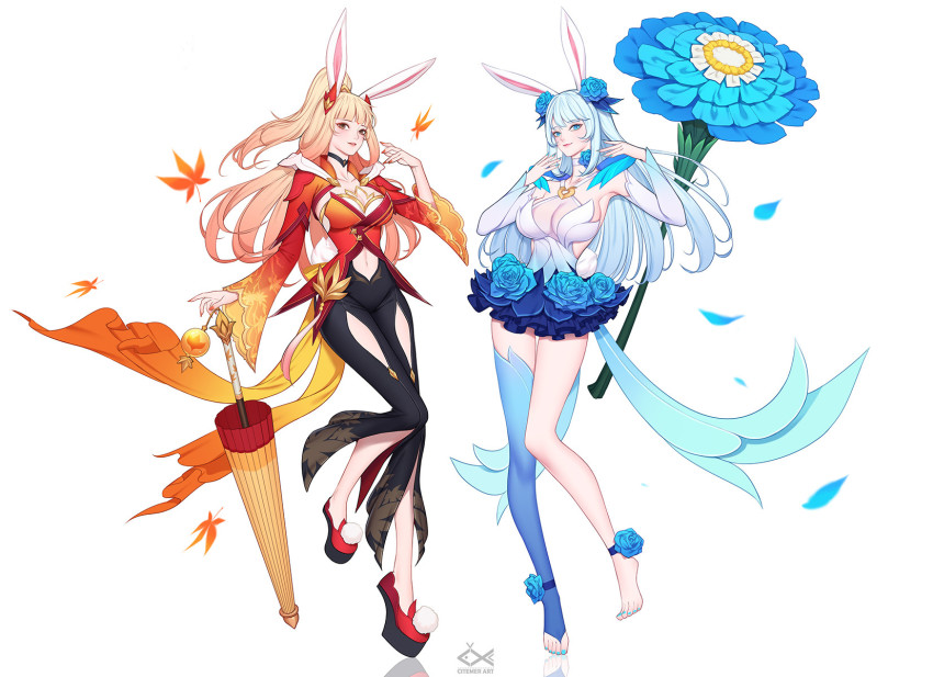 2girls, animal_ears, anklet, artist_name, bare_shoulders, black_choker, black_footwear, black_pants