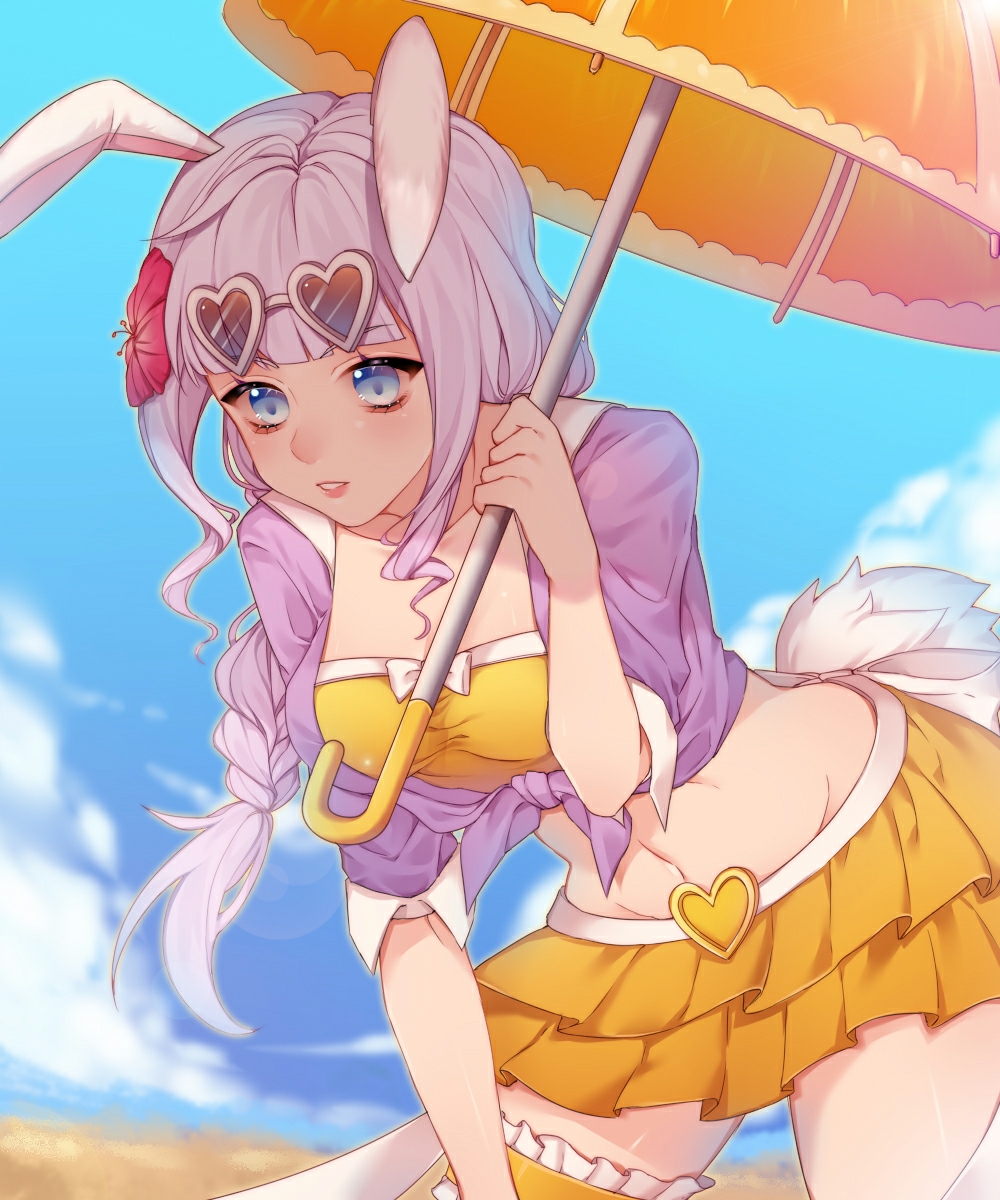 1girl, animal_ears, bikini, bikini_skirt, blue_eyes, blue_sky, blunt_bangs, braid