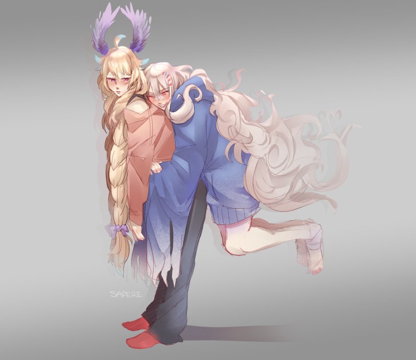 2girls, alternate_costume, black_pants, blue_hair, blue_hoodie, blush, closed_eyes, colored_tips