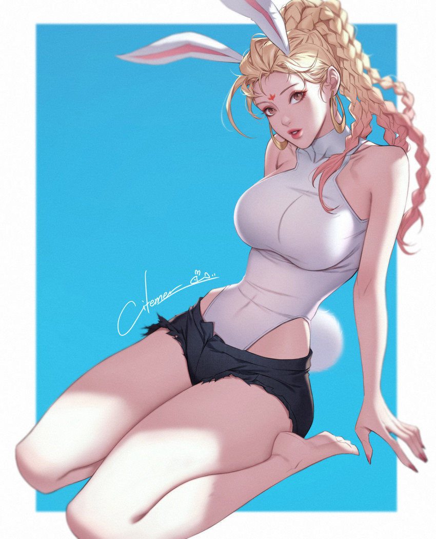 1girl, animal_ears, bare_shoulders, black_shorts, blonde_hair, blue_background, border, braid, breasts, citemer, earrings, facial_mark, full_body, gongsun_li, highres, jewelry, leotard, lips, lipstick, long_hair, looking_at_viewer, makeup, nail_polish, orange_nails, rabbit_ears, rabbit_girl, rabbit_tail, shorts, signature, simple_background, sitting, soles, solo, tail, toes, torn_clothes, torn_shorts, wangzhe_rongyao, wariza, white_border, white_leotard, yellow_eyes