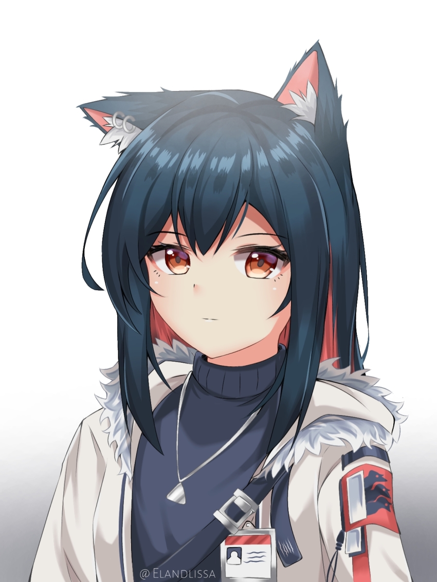 1girl, animal_ear_fluff, animal_ears, arknights, black_hair, black_shirt, colored_inner_hair, ear_piercing