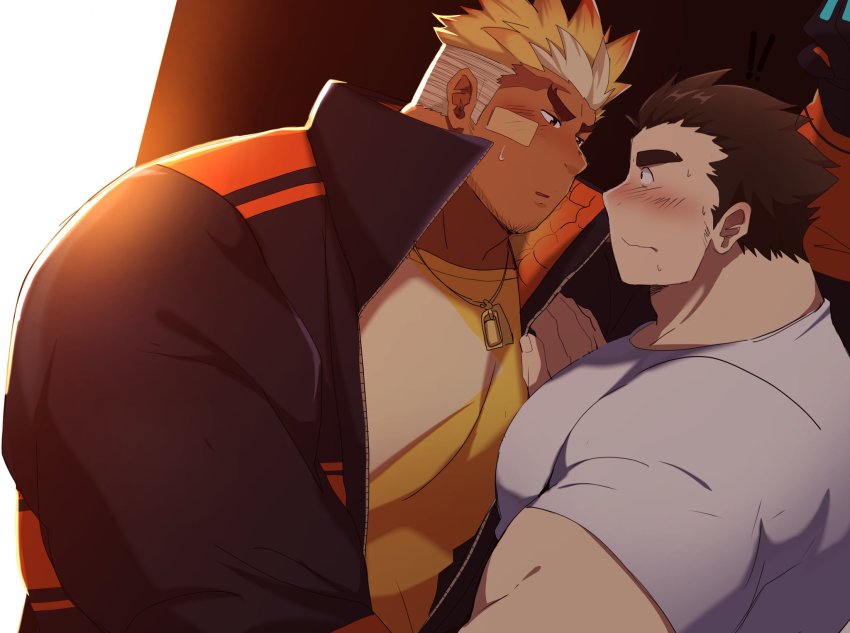2boys, :o, bandaid, bandaid_on_cheek, bandaid_on_face, bara, blush, dark-skinned_male