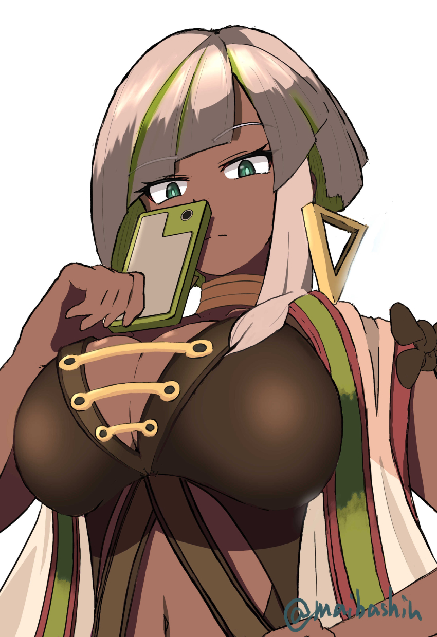 1girl, absurdres, breasts, cellphone, cleavage, dark_skin, diagonal_bangs, duel_monster