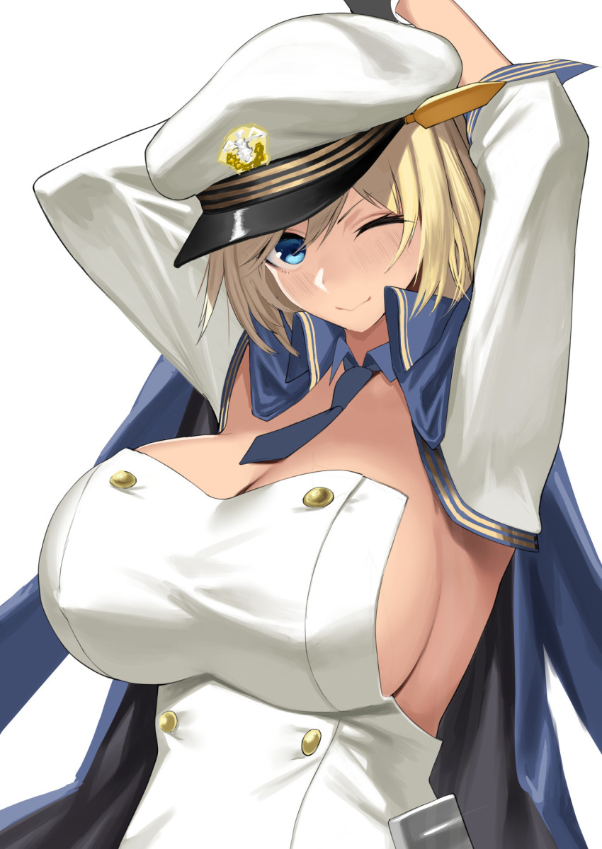 1girl, alternate_breast_size_(larger), arms_up, azur_lane, black_gloves, blonde_hair, blue_eyes, blue_necktie