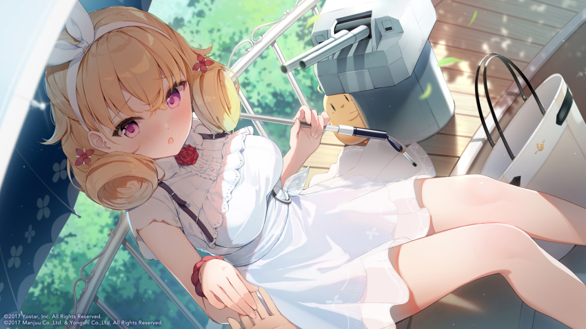 1girl, 1other, azur_lane, bag, blush, breasts, carabiniere_(azur_lane), carabiniere_(refreshing_sundress)_(azur_lane)