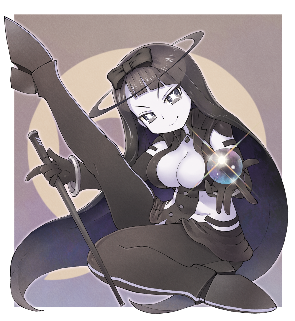 1girl, black_directive, black_eyes, black_gloves, black_hair, breasts, colored_skin, commentary_request, detached_sleeves, full_body, gloves, large_breasts, leg_up, long_hair, orb, sankuma, sitting, smile, solo, symbol-shaped_pupils, ultra_kaijuu_gijinka_keikaku, ultra_series, v-shaped_eyebrows, very_long_hair, white_skin