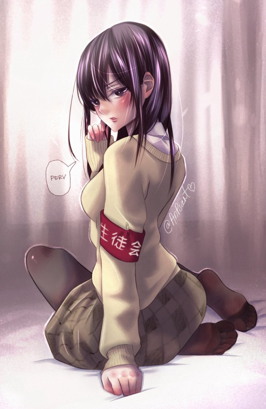 1girl, aihara_academy_school_uniform, aihara_mei, anpsart, armband, artist_name, bed, black_hair, blush, breasts, citrus_(saburouta), commentary, curtains, english_commentary, english_text, feet, highres, indoors, lips, long_hair, long_sleeves, looking_at_viewer, looking_back, medium_breasts, no_shoes, purple_eyes, school_uniform, skirt, sleeves_past_wrists, socks, soles, solo, sunlight, toes, twitter_strip_game